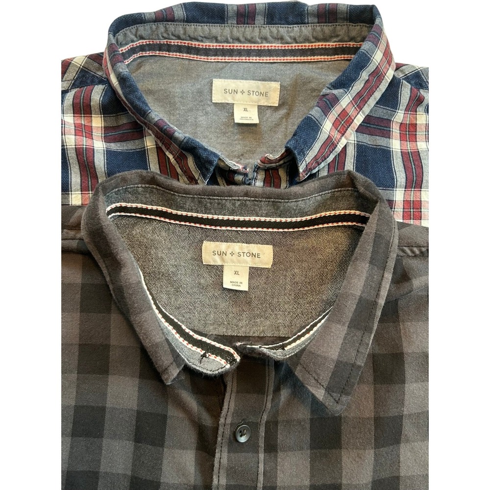 Lot of 2 SUN‎ + STONE Men Plaid Long Sleeve Shirt XL Blue Red Grey Checkered